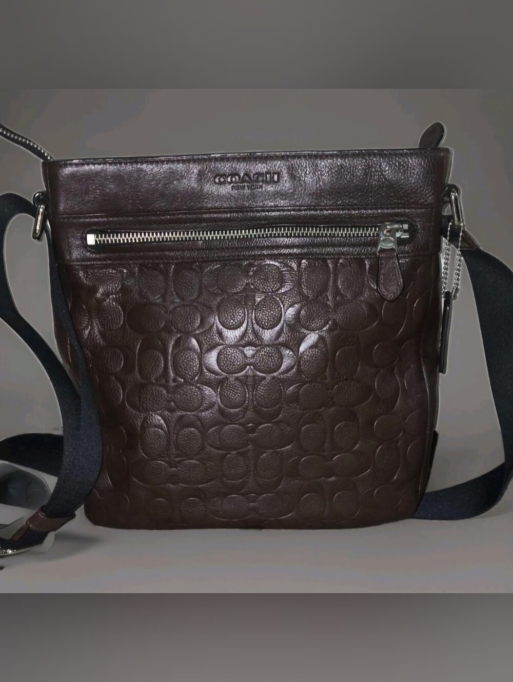 Coach Brown Signature Embossed Leather Unisex Crossbody Bag Adjustable Strap